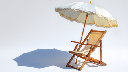 A serene setup featuring a wooden chair and an elegant umbrella, perfect for relaxation in a sunny environment, ideal for summer vacation themes and outdoor enjoyment.の素材