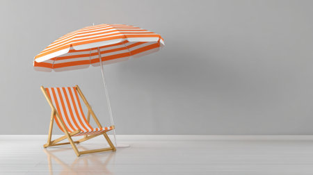 A striking beach chair accompanied by a vibrant striped umbrella set against a minimalist background, ideal for capturing the essence of summer relaxation and beach leisure.の素材