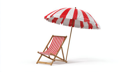 This image features a classic red and white striped beach umbrella alongside a matching lounge chair, capturing the essence of summertime relaxation by the coast.の素材