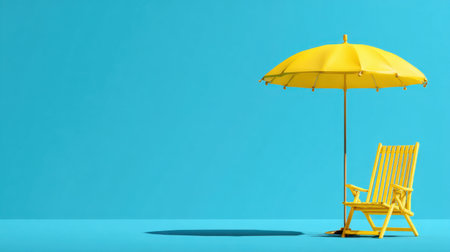 A vibrant scene featuring a bright yellow umbrella and beach chair set against a solid blue background. Ideal for summer themes, relaxation, and coastal lifestyle images.の素材