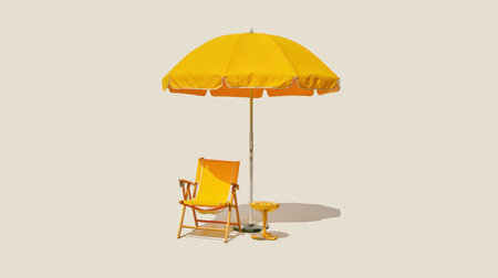 A vibrant yellow beach setup featuring a stylish umbrella, chair, and side table, ideal for summer fun and outdoor relaxation in a cheerful environment.の素材