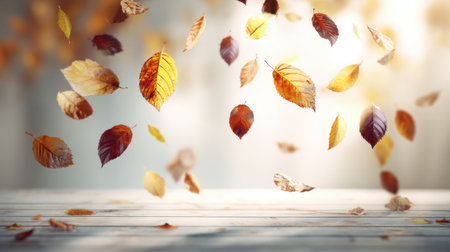 This stunning image captures the enchanting moment of gently falling leaves during autumn, evoking feelings of serenity and the beauty of nature's seasonal change.の素材