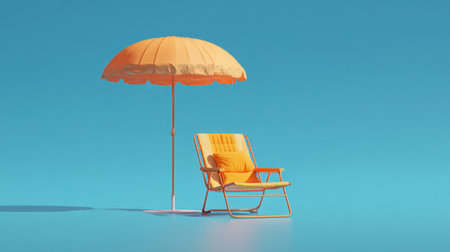 A bright orange umbrella and lounge chair create a vibrant beach scene. Perfect for capturing summer vibes, relaxation, and outdoor leisure in a minimalist design.の素材
