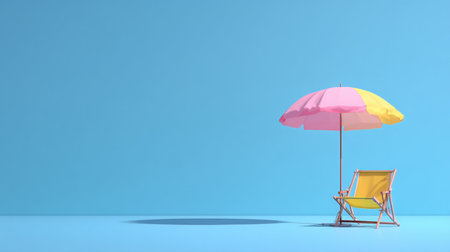 A vibrant beach scene showcasing a colorful umbrella and a lounge chair against a bright blue background, evoking summer relaxation and cheerful vacation vibes perfect for various creative projects.の素材