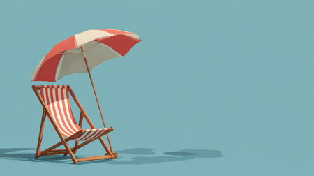 A vibrant beach chair with a striped umbrella set against a soft blue background, embodying the essence of summer, relaxation, and vacation vibes. Perfect for travel-themed projects.の素材