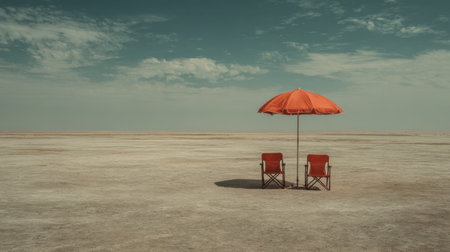 This tranquil image features two empty chairs beneath a vibrant orange umbrella on a vast salt flat, creating a peaceful atmosphere under a serene sky.の素材