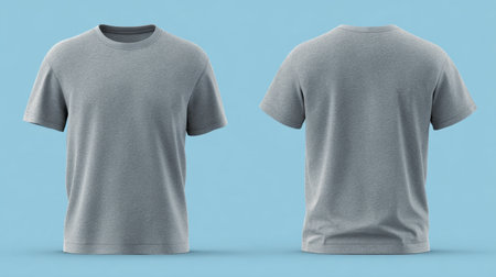 A high-quality mockup of a plain gray t-shirt displayed from the front and back on a soft blue background, ideal for clothing designers and fashion marketing needs.の素材
