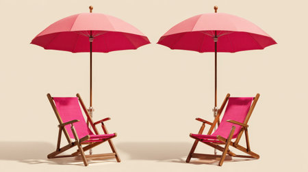 Two pink beach chairs with a matching umbrella create a chic and inviting summer vibe, ideal for relaxation and leisure in an outdoor setting by the beach.の素材