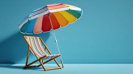 Bright beach umbrella and deck chair create a cheerful outdoor scene, perfect for a summer getaway. Ideal for vacation themes and relaxation imagery.の素材
