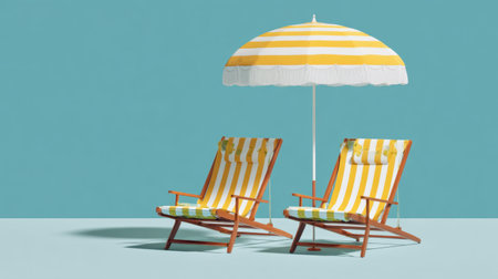 Brightly colored beach chairs with a cheerful umbrella create a perfect summer retreat for relaxation and leisure by the ocean, ideal for vacation inspiration.の素材