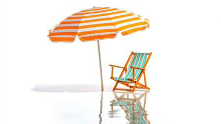 A vivid beach scene featuring a striped umbrella and chair, evoking relaxation and summer vibes, ideal for vacation promotions and lifestyle projects.の素材