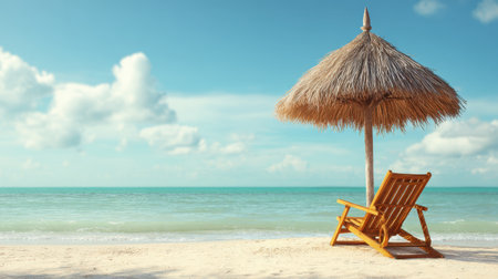 A serene beach scene features a rustic wooden lounge chair beneath a straw umbrella, inviting visitors to relax and enjoy the stunning ocean view on a sunny day.の素材