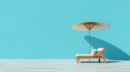 A serene outdoor setting featuring a stylish wooden lounge chair and a large umbrella perfectly contrasts against a bright blue wall, creating a relaxing atmosphere.の素材