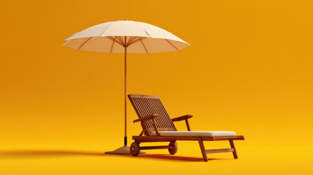 A serene wooden lounge chair paired with a stylish umbrella, set against a bright yellow backdrop. Ideal for summer, vacation, or relaxation-themed projects and designs.の素材