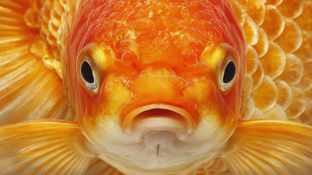 A stunning close-up of a vibrant goldfish highlights its intricate scales and expressive features, capturing the beauty of underwater life in exquisite detail.の素材