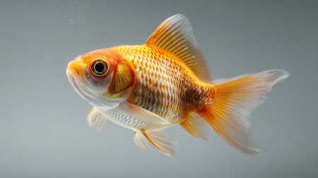 A beautiful goldfish swims gracefully, revealing its vibrant color and delicate fins in a serene underwater scene, perfect for nature and aquatic-themed projects.の素材