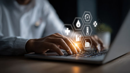 A close-up of hands typing on a laptop, surrounded by digital icons that symbolize technology and innovation, creating a dynamic and engaging workspace atmosphere.の素材