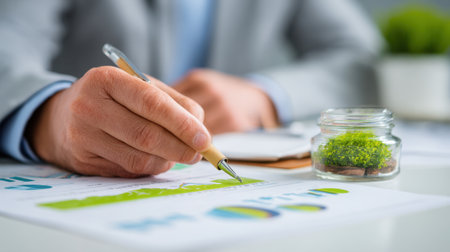 A business professional is analyzing financial charts and graphs while holding a pen, showcasing a focus on investment strategies and growth planning in a modern office setting.の素材