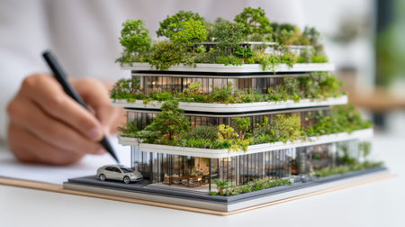 A detailed model of a modern eco-friendly building design highlights green spaces, showcasing the future of sustainable urban architecture and innovative living solutions.の素材