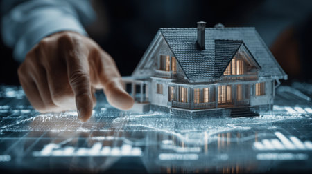 A digital house model interacts with glowing data graphs, showcasing the fusion of real estate technology and analytics for informed property investment choices.の素材