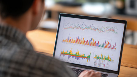A professional analyzes vibrant data and statistics on a laptop, highlighting business performance with colorful graphs and trends in a modern workspace atmosphere.の素材