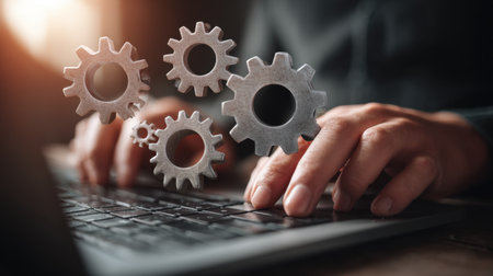 A close-up view of hands typing on a keyboard with floating gears, illustrating the concepts of automation and technology in a modern workspace, reflecting innovation and productivity.の素材
