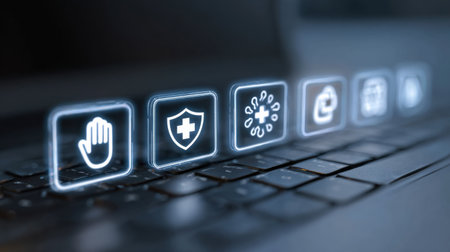 A close-up of glowing health technology icons on a laptop keyboard, showcasing digital symbols of care and safety in a contemporary health tech environment.の素材