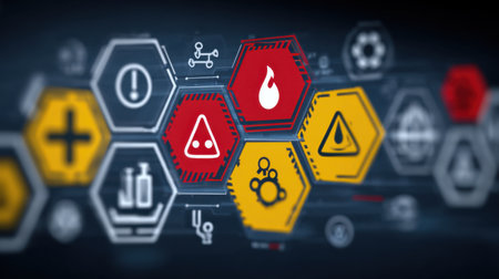 Visual representation of safety and hazard symbols on a digital backdrop, highlighting the importance of awareness and precautions in various scientific and industrial sectors.の素材