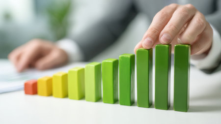 This image captures a business professional analyzing colorful bar graphs, symbolizing financial growth and progress in a corporate setting.の素材