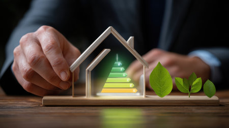 A contemporary illustration showcases a home model symbolizing energy efficiency, intertwined with greenery, reflecting sustainability in modern architecture and environmental awareness.の素材