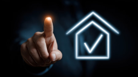 A hand with a finger pointing at a glowing neon house icon with a check mark, representing approval, success, and investment opportunities in real estate.の素材