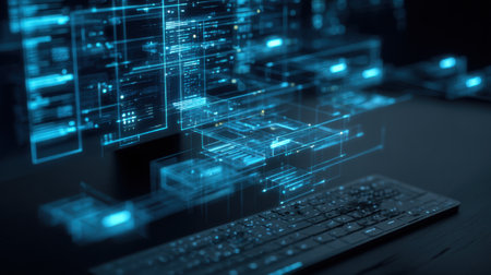 A captivating representation of a digital interface featuring data streams and a keyboard, illustrating advanced technology and information processing in a modern workspace.の素材