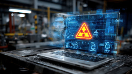 A modern laptop displays a radiation warning symbol with high-tech graphics in an industrial setting, emphasizing the intersection of safety, technology, and innovation in today's environment.の素材