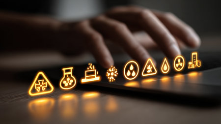 A close-up view of a hand resting on a keyboard, featuring illuminated icons representing safety and hazard symbols, emphasizing the need for caution in various environments.の素材