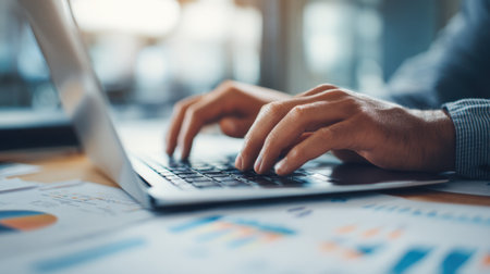 A business professional is engaged in focused data analysis on a laptop at a modern office desk, surrounded by various reports and charts detailing project developments.の素材