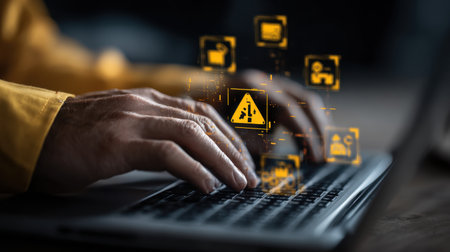 A person types actively on a laptop keyboard while alert icons and graphics illustrating cybersecurity threats hover above, emphasizing the importance of data protection and online safety.の素材