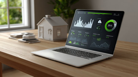 A sleek laptop showcasing detailed data analytics sits on a wooden table next to a miniature house, representing modern business and technology concepts in a stylish workspace.の素材