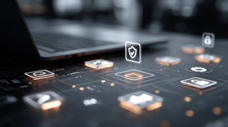 A laptop sits on a dark workspace, surrounded by glowing digital security icons that exemplify innovative technology for protecting data and enhancing cybersecurity awareness.の素材