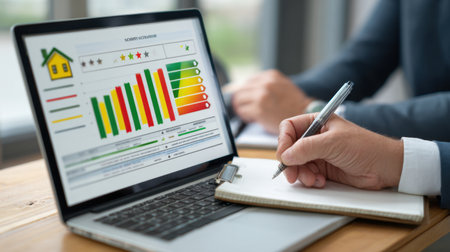 A close-up view of a laptop screen displaying colorful graphs and performance indicators alongside a person taking notes, showcasing a professional analysis process in a dynamic business environment.の素材