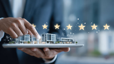A hand holds a tablet displaying a 3D model of modern buildings with a star rating above, symbolizing success and innovation in the real estate sector.の素材