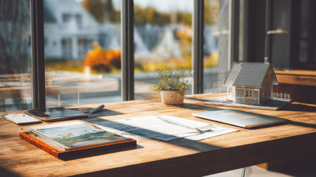 Bright and inviting workspace showcasing a wooden table with a miniature house, sketch materials, and a laptop, perfect for creative planning and design.の素材