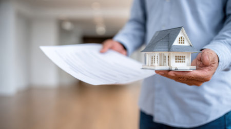 A person holds a miniature house and documents in a modern office, representing real estate transactions, investment opportunities, and the joy of homeownership.の素材