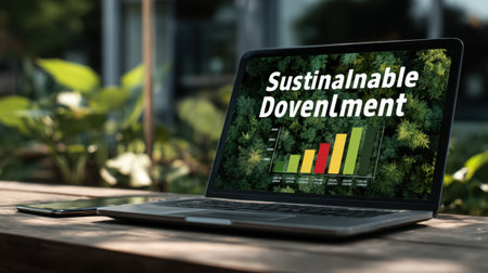 A sleek laptop displaying colorful graphs on sustainable development trends sits on a wooden table amidst vibrant greenery, showcasing the blend of technology and nature.の素材
