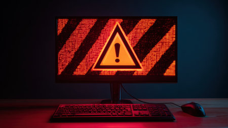 A vivid digital display shows a warning signal on a monitor, illustrating the importance of cybersecurity awareness and highlighting potential technical issues.の素材