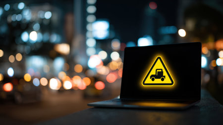 A laptop with a glowing warning symbol in an urban night setting, creating a striking contrast against blurry city lights, highlighting caution in various industries like agriculture or construction.の素材