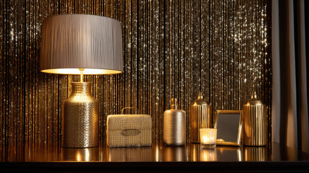 A stylish tabletop setup featuring a lamp, decorative objects, and soft lighting against a sparkling backdrop, creating a warm and inviting atmosphere for modern interiors.の素材