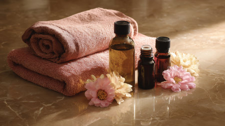 A tranquil spa scene showcasing soft towels, essential oils in elegant glass bottles, and beautiful flowers on a shining marble surface, perfect for promoting relaxation and self-care.の素材