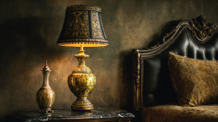 An elegant vintage lamp with intricate details sits on a bedside table, complemented by an ornate vase. The luxurious setting evokes warmth and style for a cozy bedroom ambiance.の素材