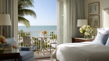 Experience the perfect getaway in this elegant bedroom with stunning views of the ocean and tropical decor, creating a serene and inviting atmosphere for relaxation.の素材
