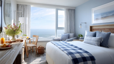 Experience the charm of this coastal hotel room, designed for comfort and tranquility, offering stunning ocean views that enhance your stay in a serene atmosphere.の素材